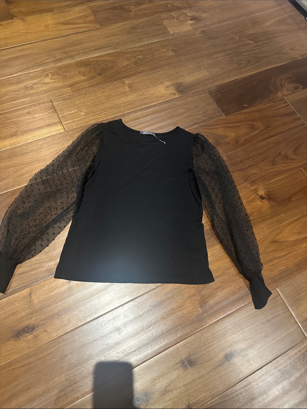 Suzy Shier Black Puff Sleeve Dot Mesh Long Sleeve Top